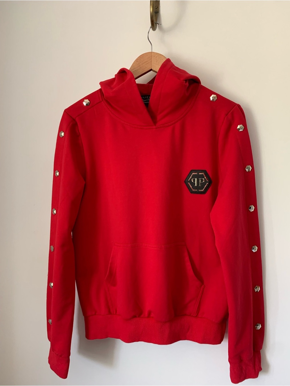 Philipp Plein Red Straight Cut Hoodie with Black Label